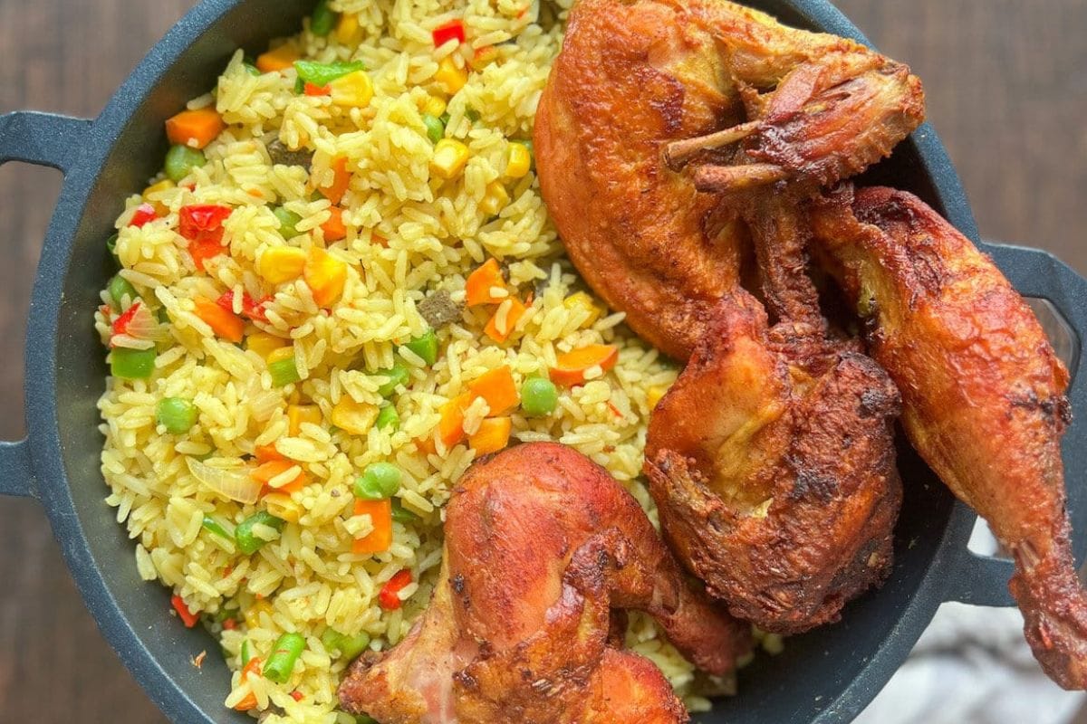 Fried Rice, Plaintain & Fried Chicken
